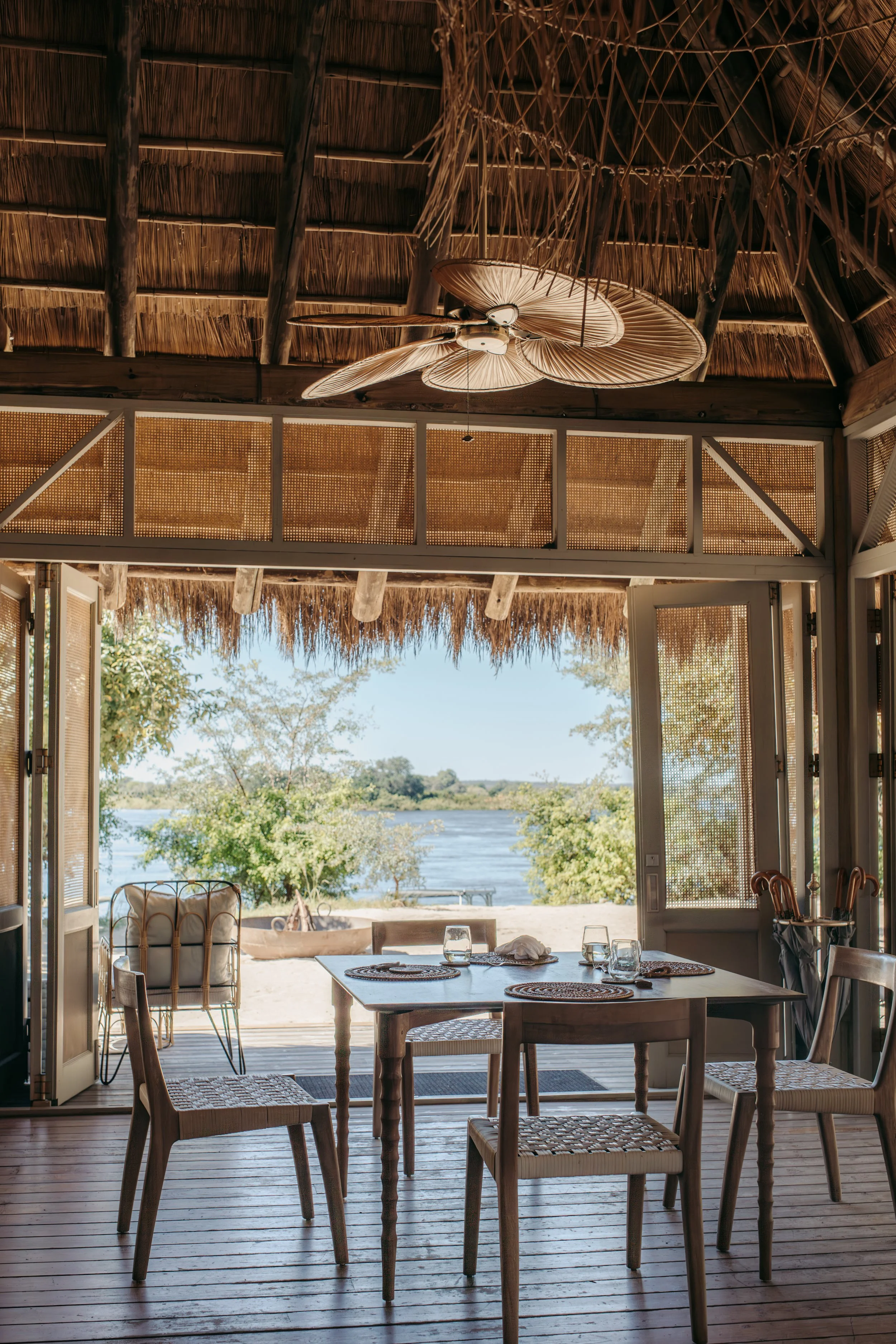 Mpala Jena Zimbabwe Victoria Falls luxury safari property lodge dining aesthetic views Zambezi Riverbeautiful beach and bush