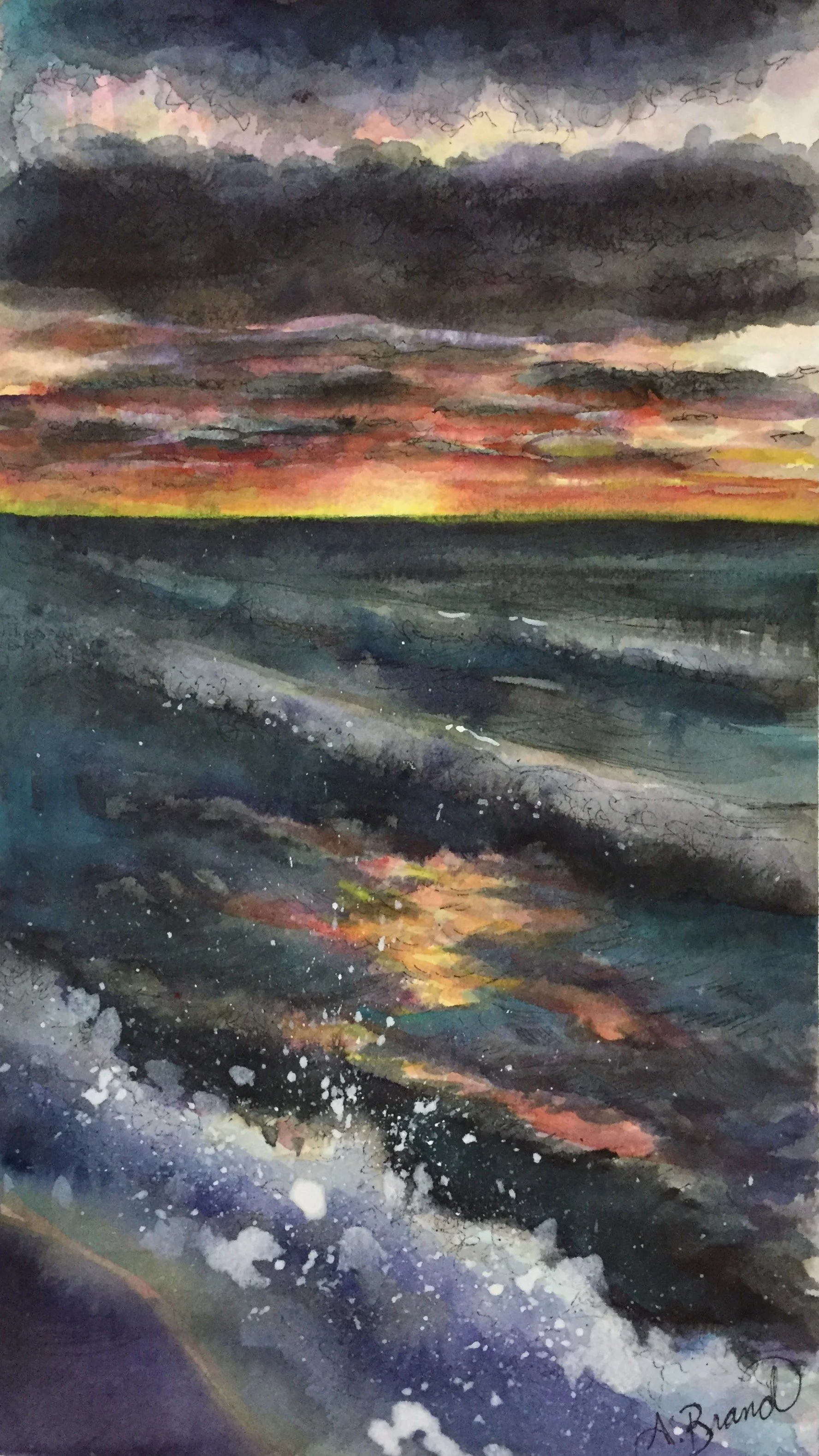 Stolen Sunset Moment, 2017, Watercolour, pen & ink on paper, 8" x 14.25" (SOLD)