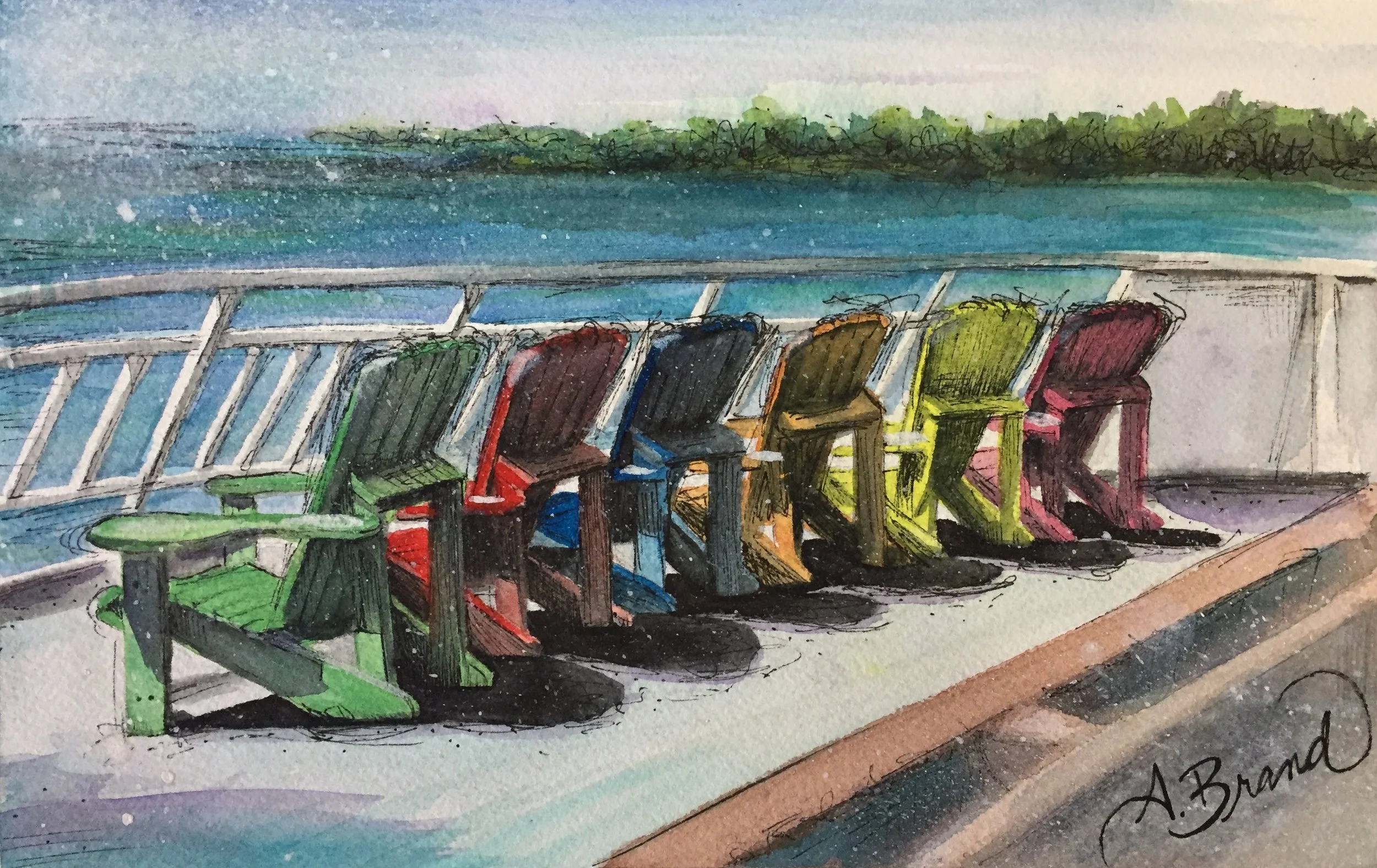 Chi-Cheemaun Chairs, 2017, Watercolour, pen & ink on paper, 7.25" x 11" (SOLD)
