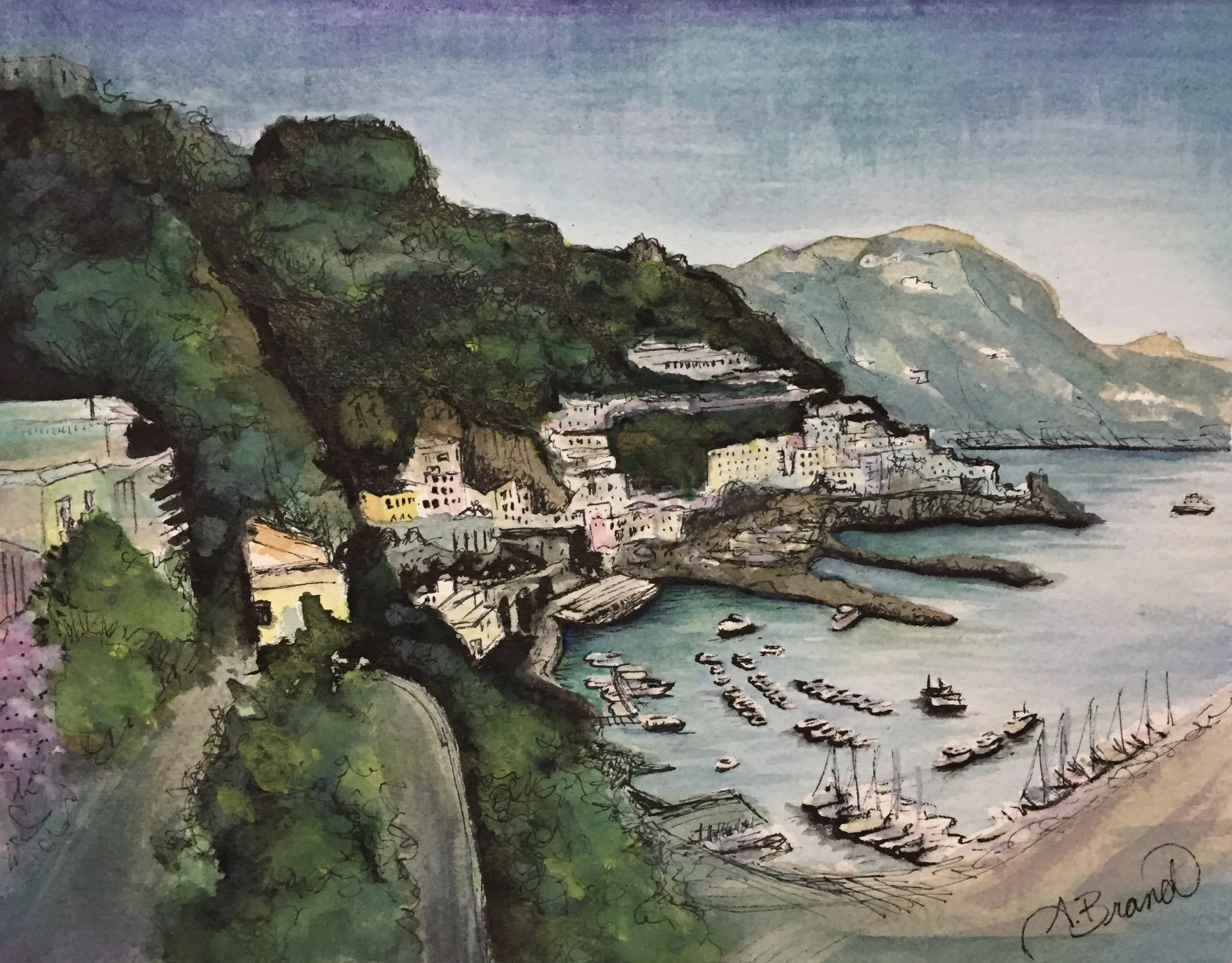 Amalfi Coast, 2017, Watercolour, pen & ink on paper, 10" x 8" (SOLD)