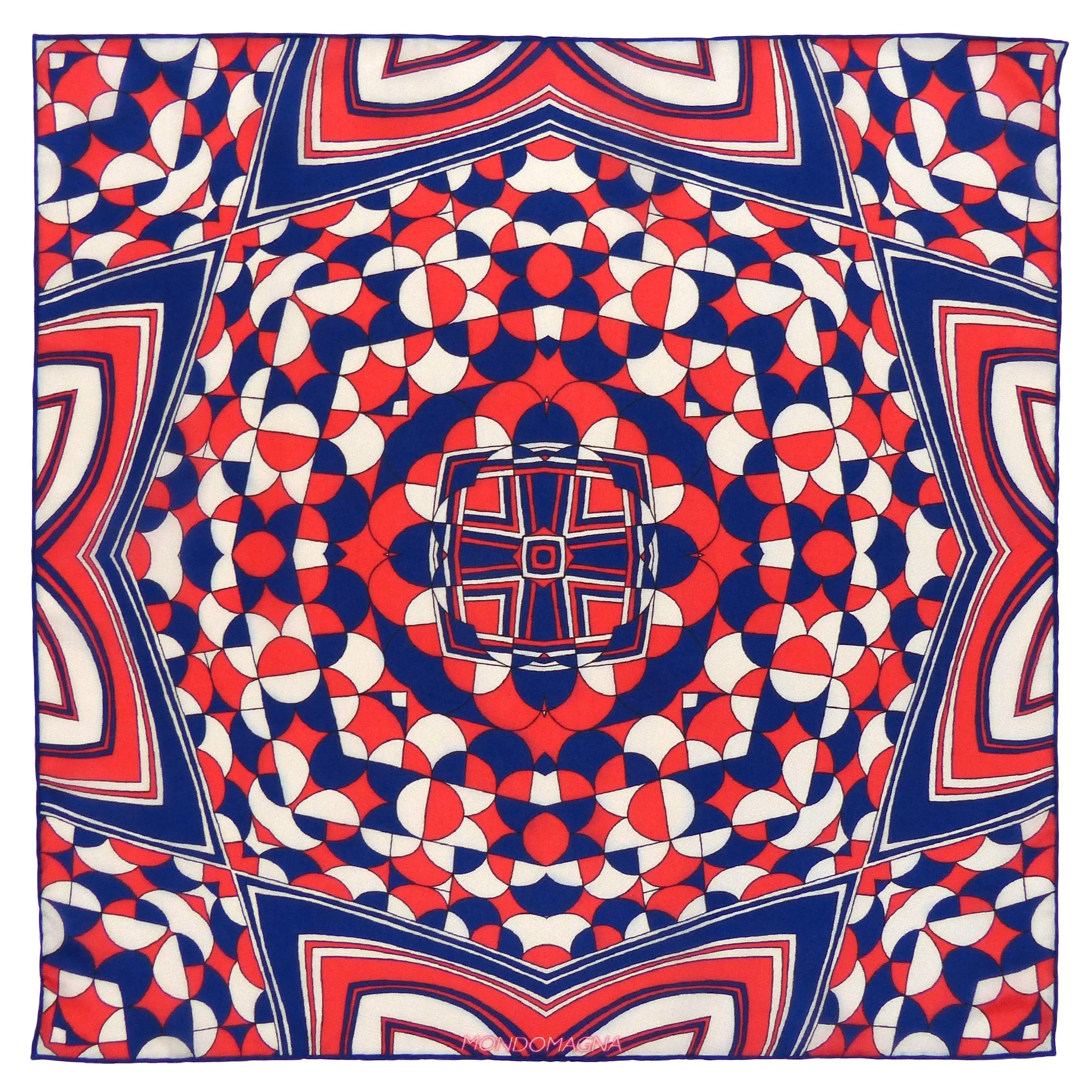 Benny Silk Pocket Square – Navy Red Geometric Mosaic – Hand Rolled