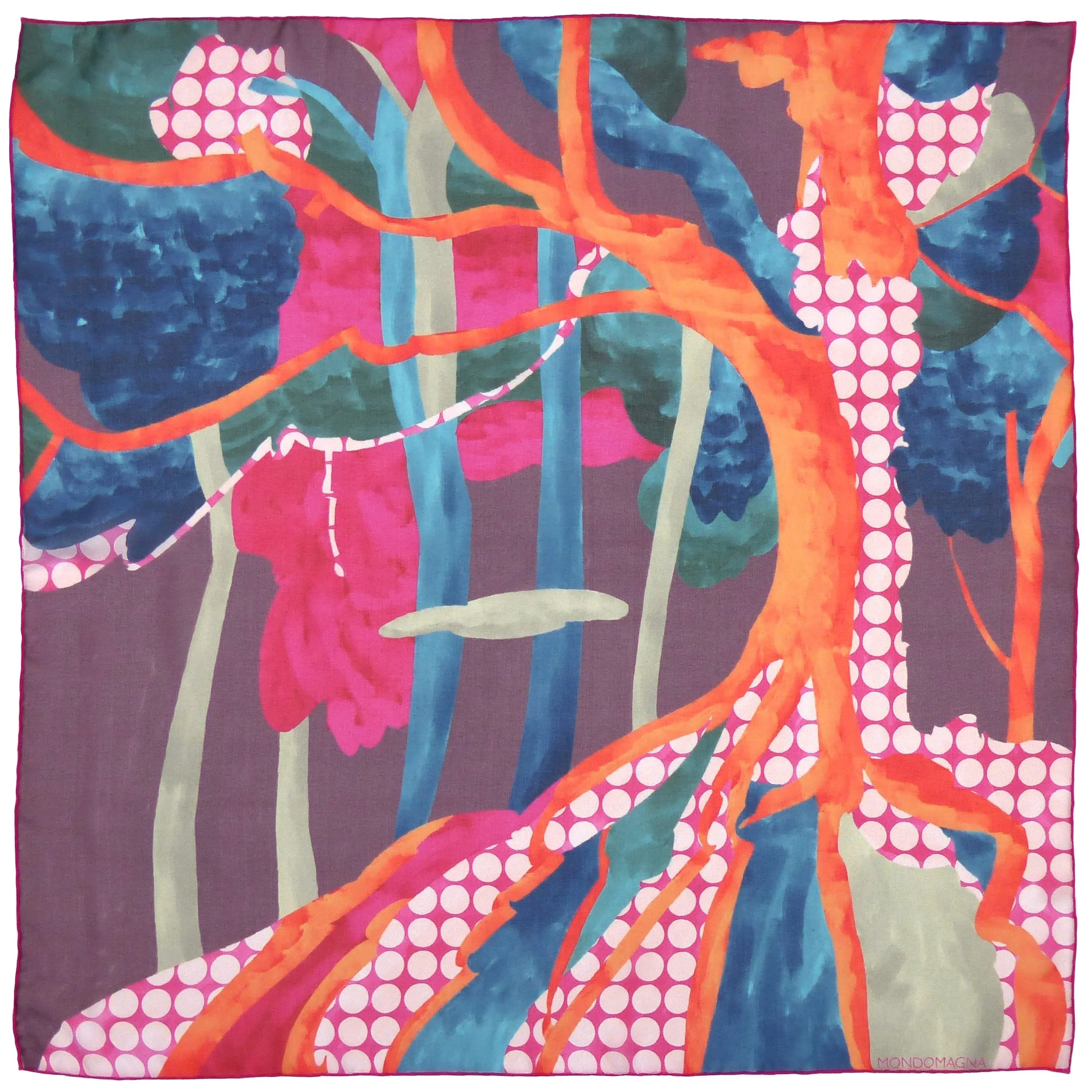 Forest Silk Chiffon Scarf – Orange Purple Blue Tree Print – 65cm