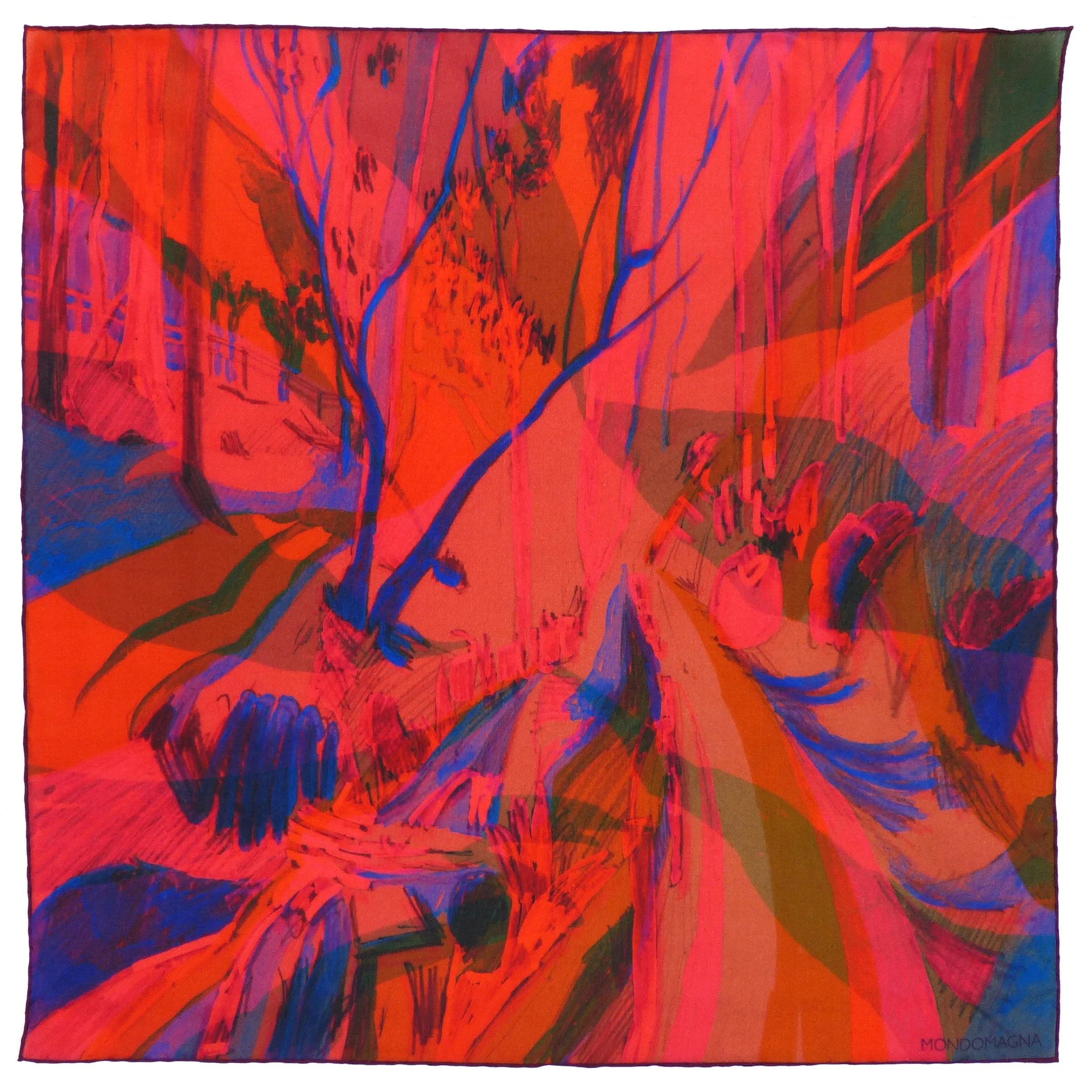 Abstract Woodland Silk Pocket Square – Somerset Landscape, Red & Blue, Made in England