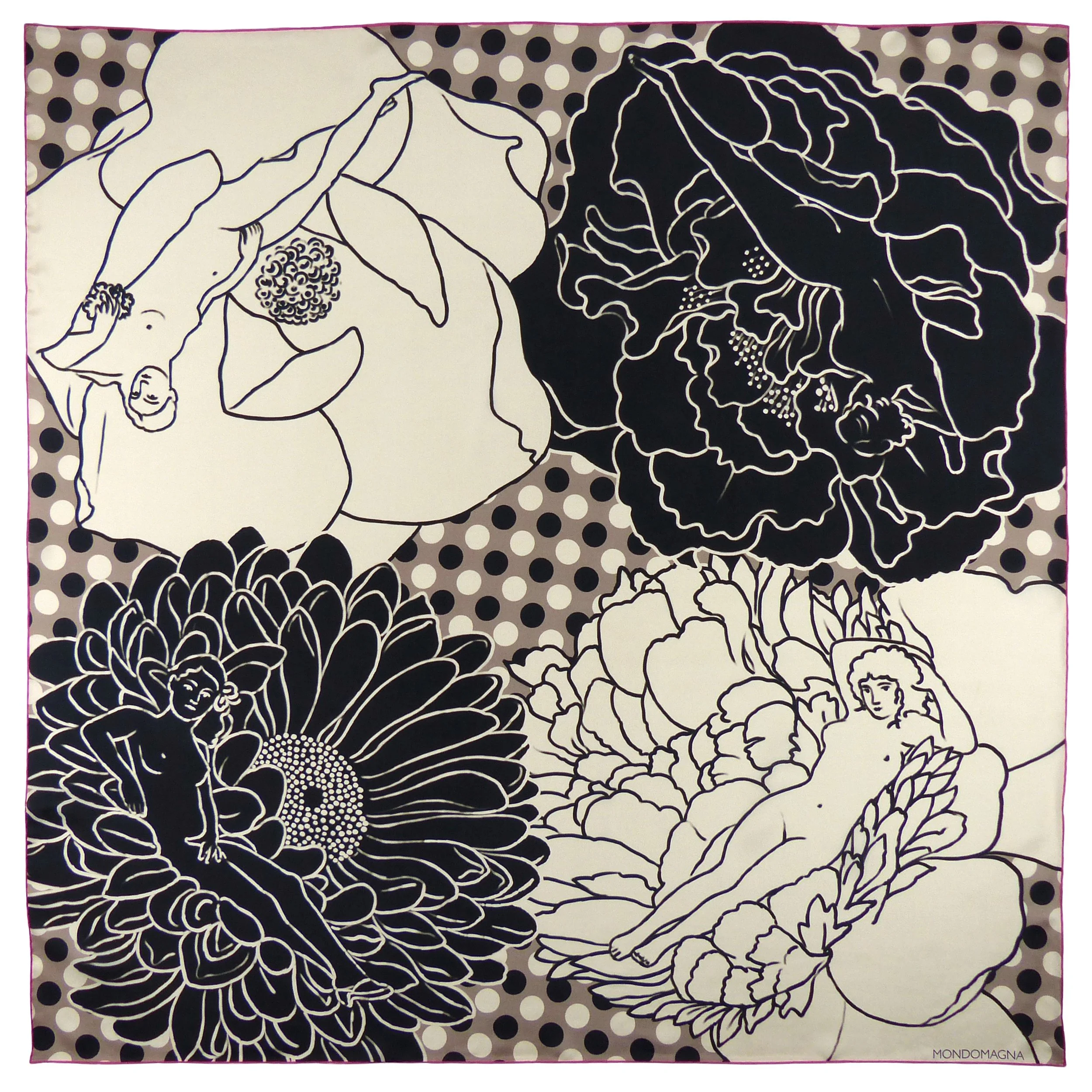 Classical Female Figures Pure Silk Scarf – Black White Floral Wearable Art