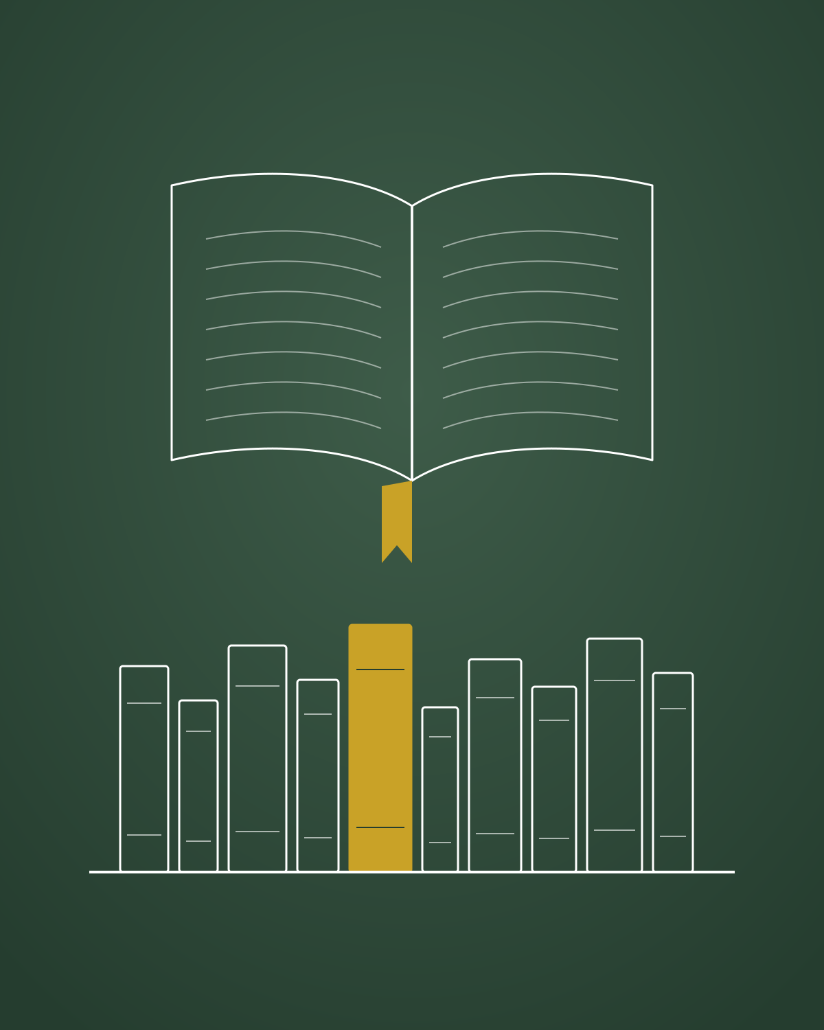Illustration of an open book above a shelf of sacred texts