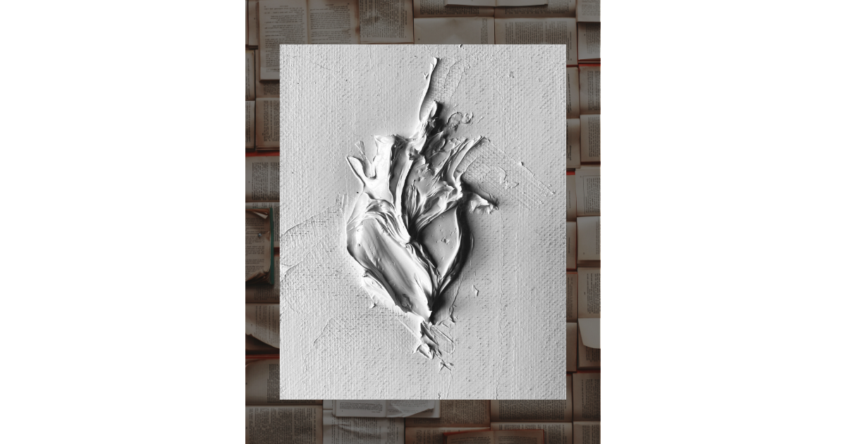 White sculptural heart textured in thick paint, evoking emotional depth and raw vulnerability.