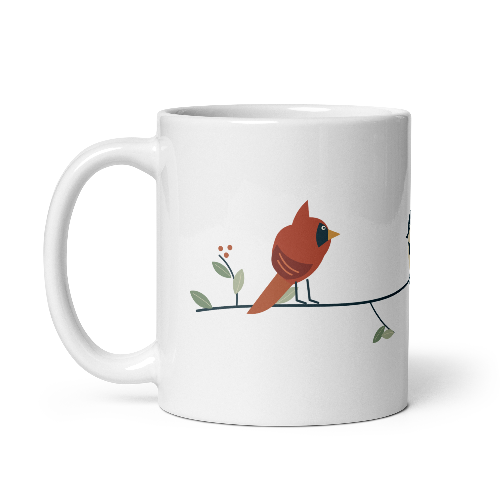 Backyard Bird Trio Mug with original bird illustration; product mockup.