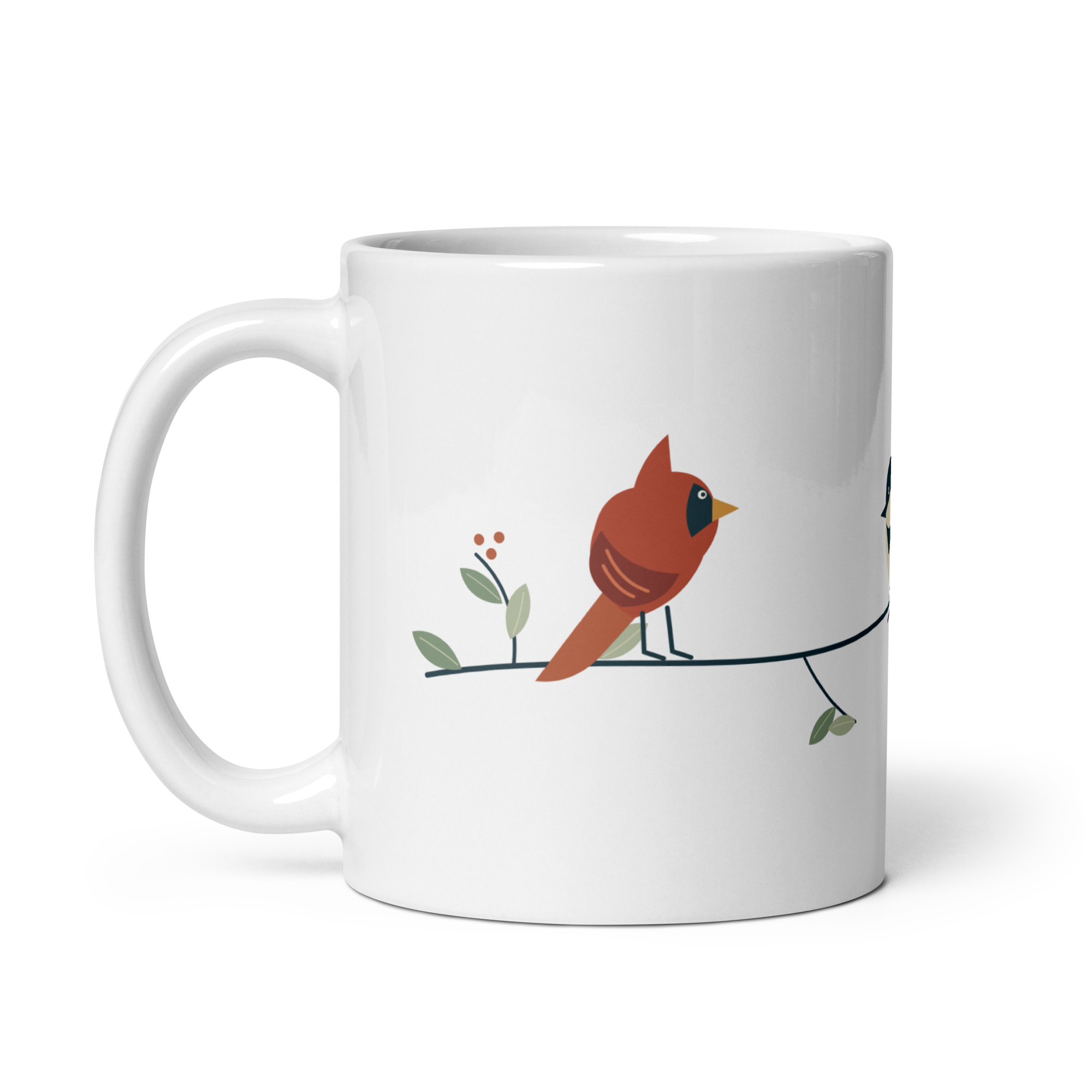Backyard Bird Trio Mug with original bird illustration; product mockup.