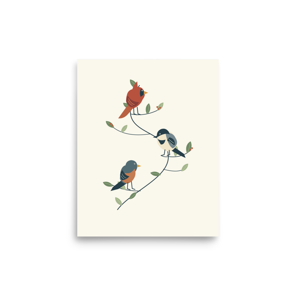 Backyard Bird Trio unframed art print with three original illustrated birds