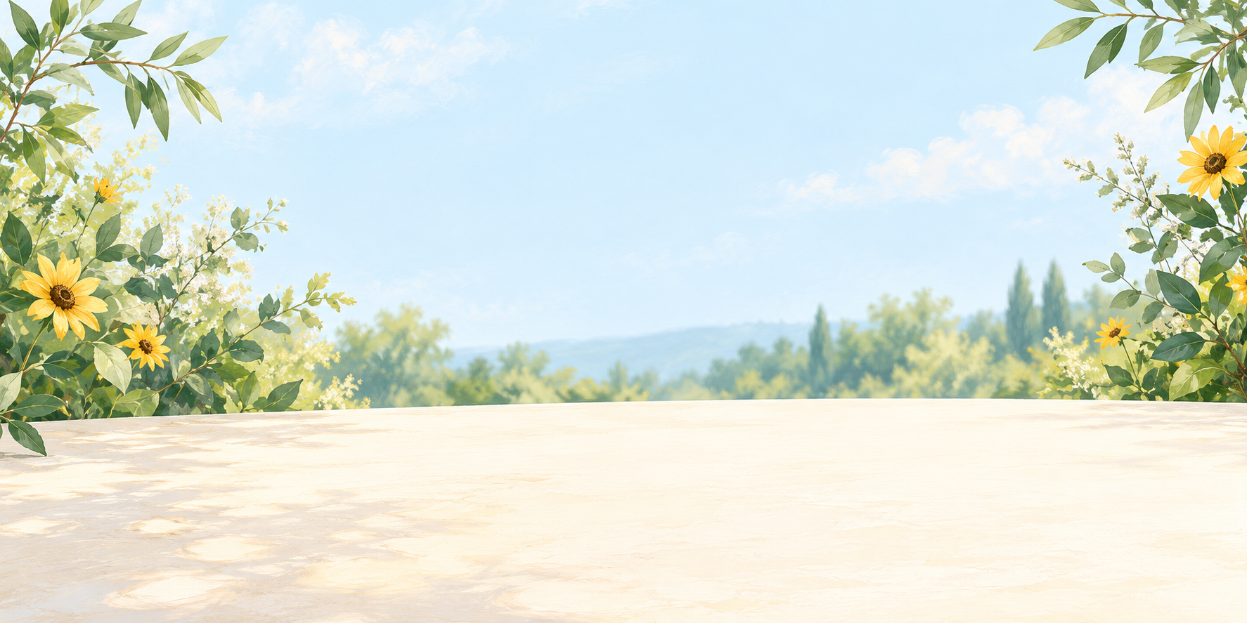 Sunflowers and leafy branches frame a bright outdoor landscape with blue sky, distant hills, and a blank wooden table.