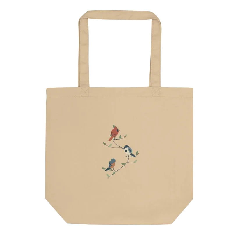 Backyard Bird Trio cotton tote in Oyster with original bird illustration