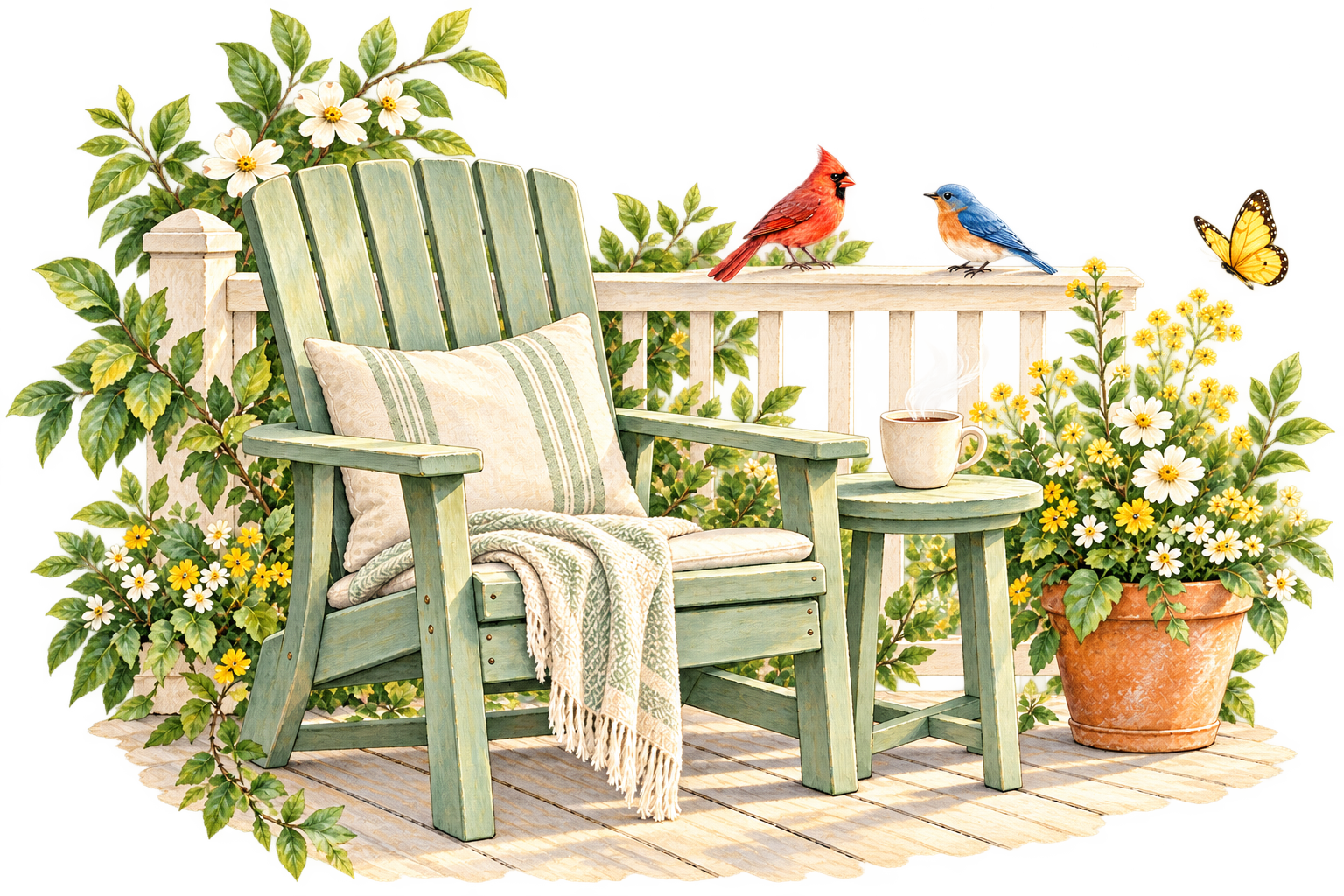 An empty sage-green porch chair beside a steaming cup and flowers, with a cardinal and bluebird on the railing and a butterfly nearby.
