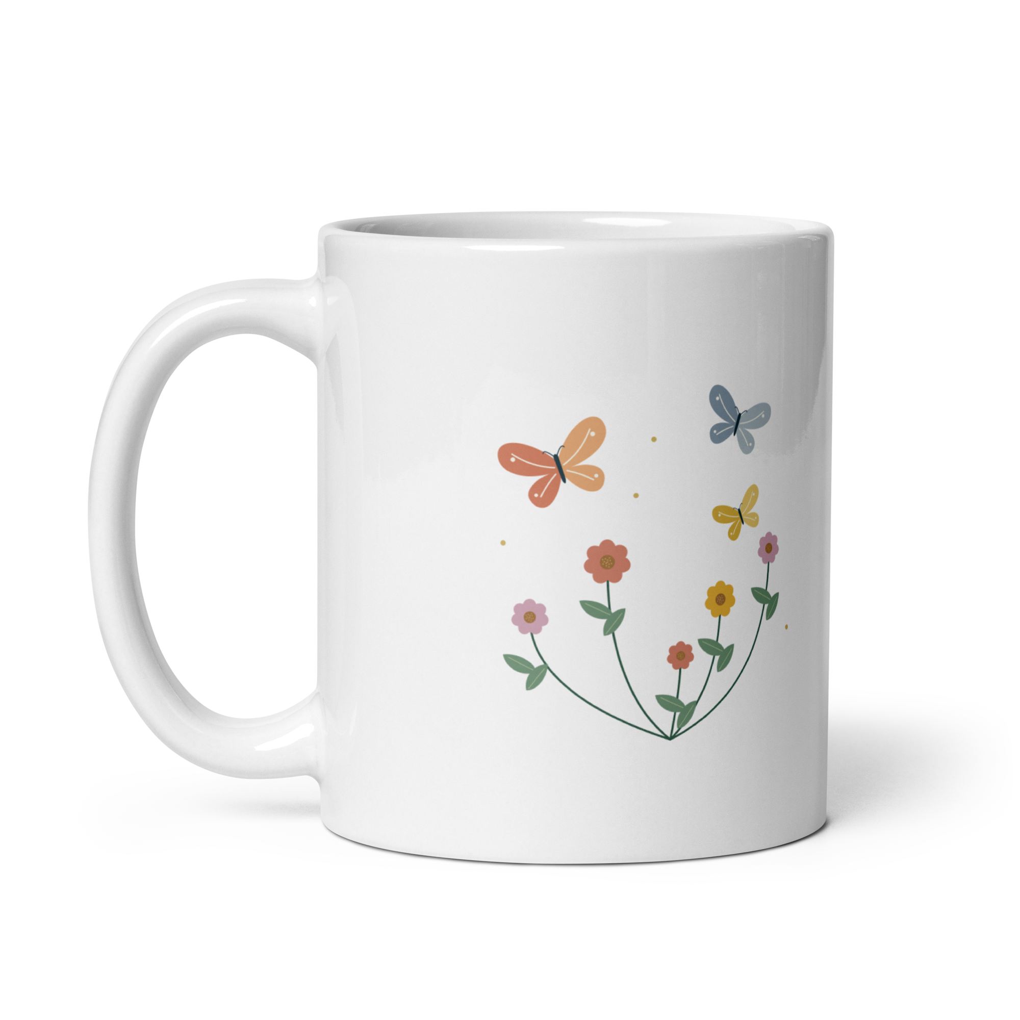 Meadow Flutter mug with original butterfly and wildflower artwork