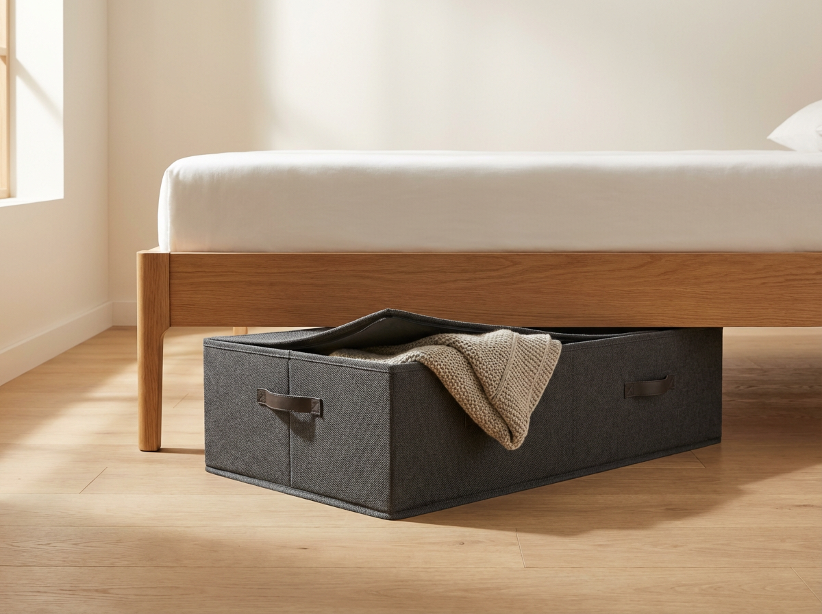 Gray fabric under-bed storage box holding a beige knitted blanket beside a wooden bed in a sunlit bedroom