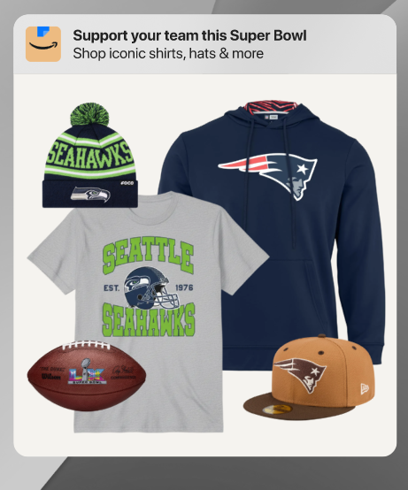 Seattle Seahawks and New England Patriots fan merchandise, including beanie, T-shirt, hoodie, football, and cap