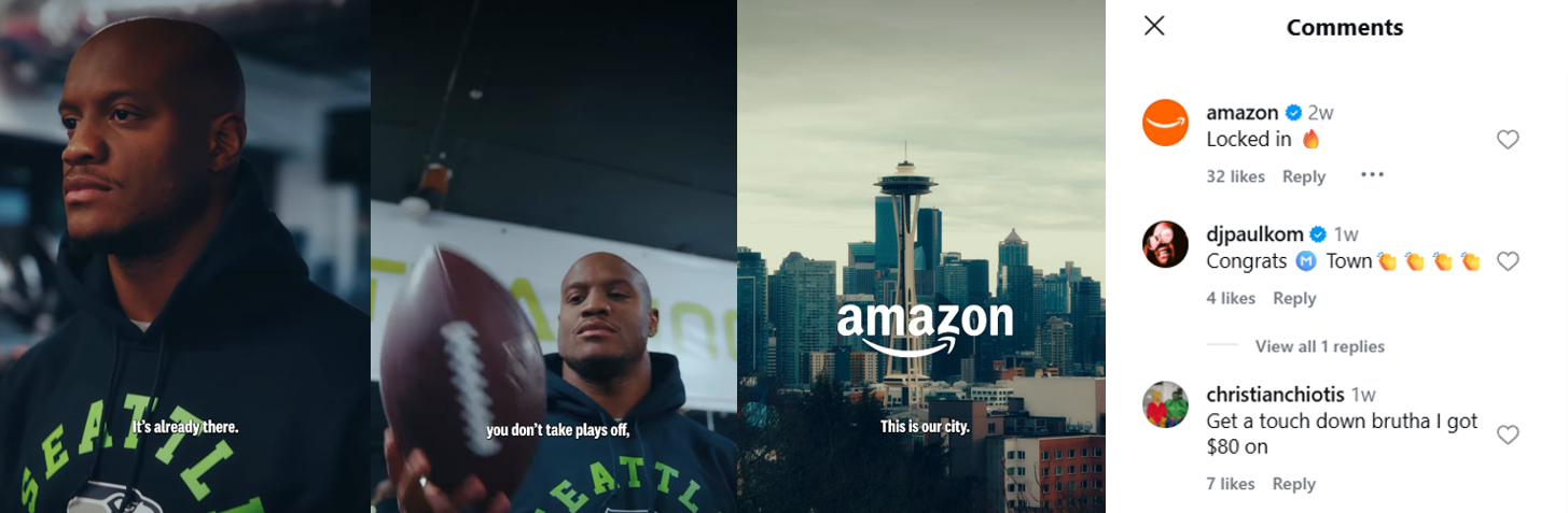 Amazon social media post featuring Seattle Seahawks player holding a football, Seattle skyline with the Space Needle, and comments.