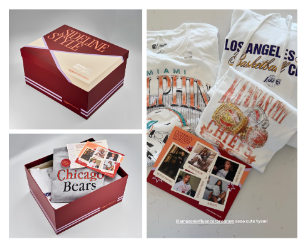 Collage of a red book-shaped box filled with Chicago Bears memorabilia, Los Angeles and Miami sports T-shirts, and vintage sports cards