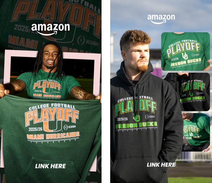 Amazon college football playoff apparel advertisement featuring Miami Hurricanes and Oregon Ducks shirts and hoodies modeled by two men