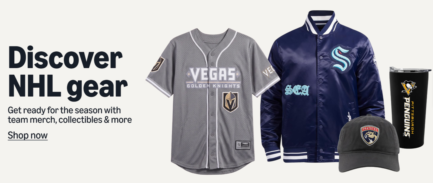 NHL merchandise featuring a Vegas Golden Knights jersey, Seattle Kraken jacket, Florida Panthers cap, and Pittsburgh Penguins tumbler beside “Discover NHL gear” promotional text.