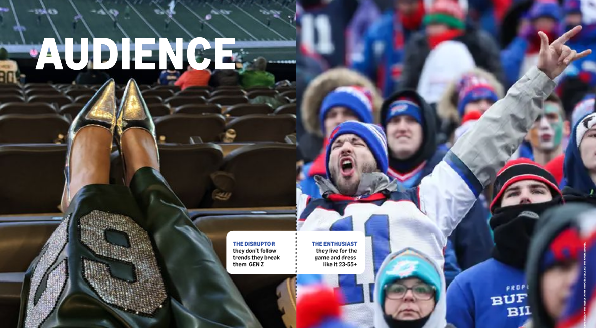 Audience comparison showing an empty football stadium with stylish spectator legs and a bundled-up Buffalo Bills fan crowd cheering in winter