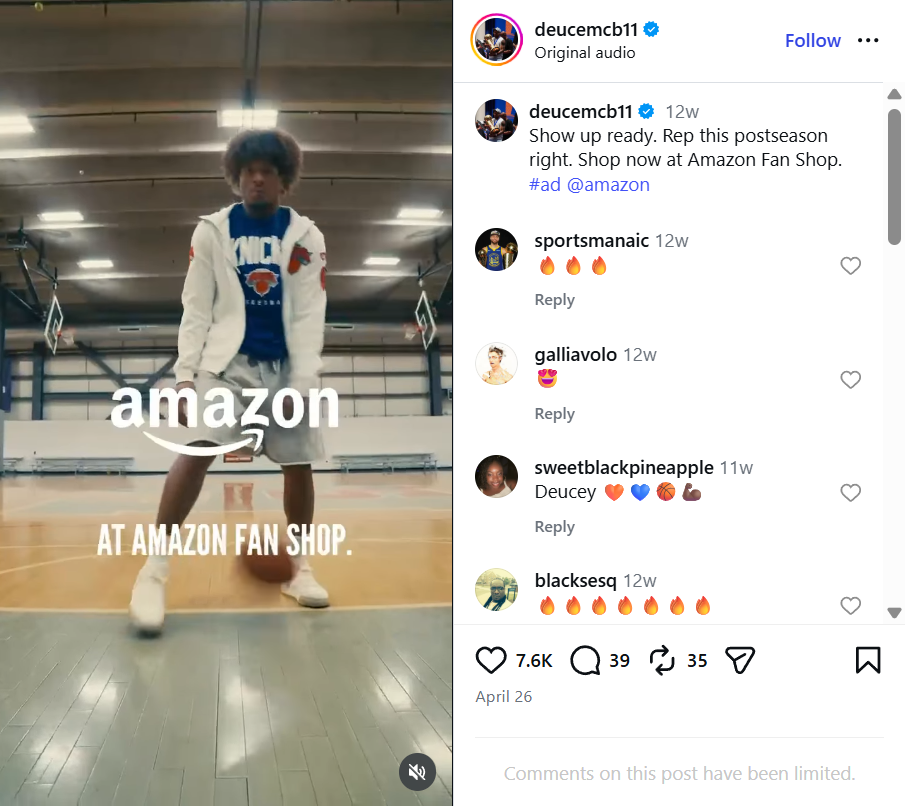 Instagram post showing a basketball player in a Knicks hoodie dribbling on a basketball court, promoting the Amazon Fan Shop.