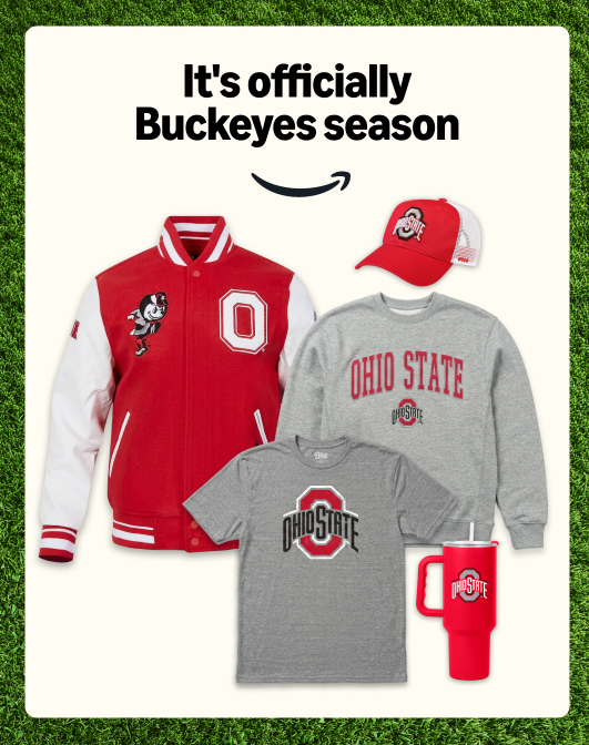 Ohio State Buckeyes apparel collection featuring a red varsity jacket, gray sweatshirt and T-shirt, red-and-white cap, and red tumbler