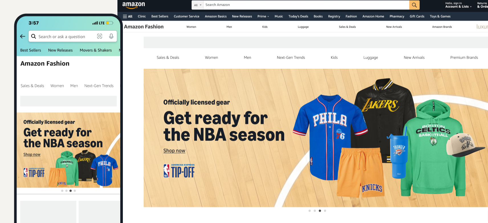 Amazon Fashion NBA apparel banner featuring Philadelphia 76ers jersey, Los Angeles Lakers jacket, Boston Celtics hoodie, New York Knicks shorts, and Oklahoma City Thunder tumbler