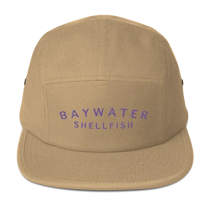 Tan five-panel cap with purple “Baywater Shellfish” lettering