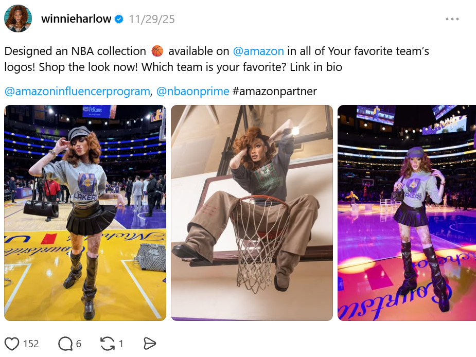 Winnie Harlow models NBA team apparel in a three-photo Instagram post at basketball arenas, including Lakers and Bucks-inspired outfits.