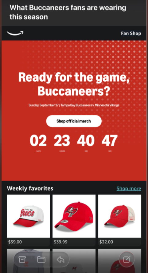 Tampa Bay Buccaneers fan shop webpage featuring a game countdown and three red-and-white team hats
