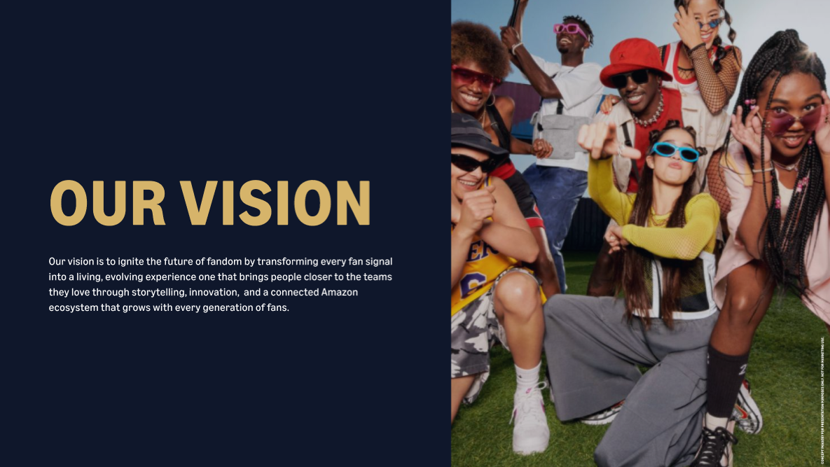Our Vision presentation slide with diverse young fans wearing colorful outfits and sunglasses at a lively sports event