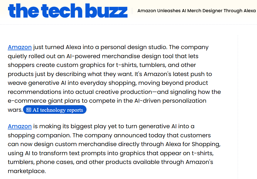 The Tech Buzz article about Amazon’s AI-powered Alexa merchandise design tool for creating custom product graphics