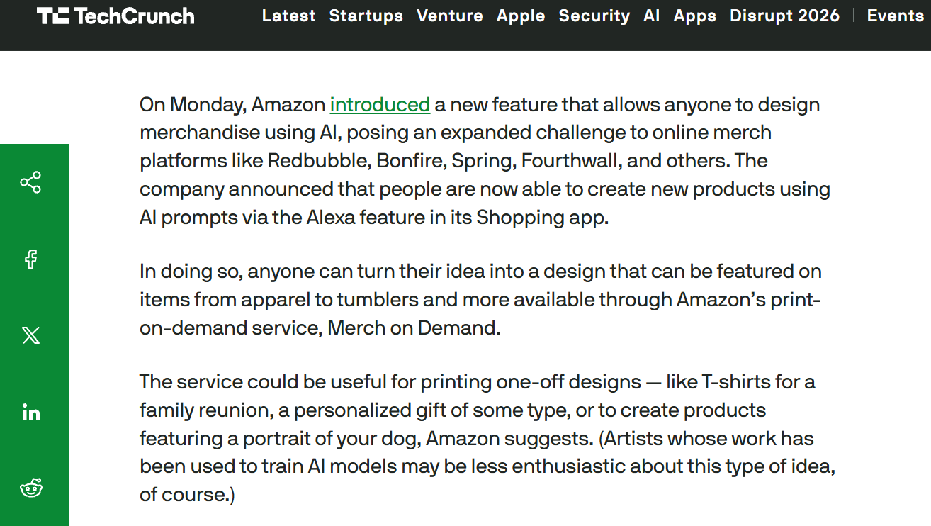 TechCrunch article screenshot about Amazon's AI-powered Merch on Demand feature