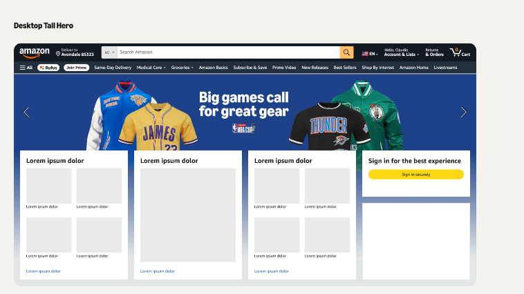 Amazon desktop homepage mockup featuring an NBA jersey banner, navigation bar, product tile placeholders, and sign-in panel