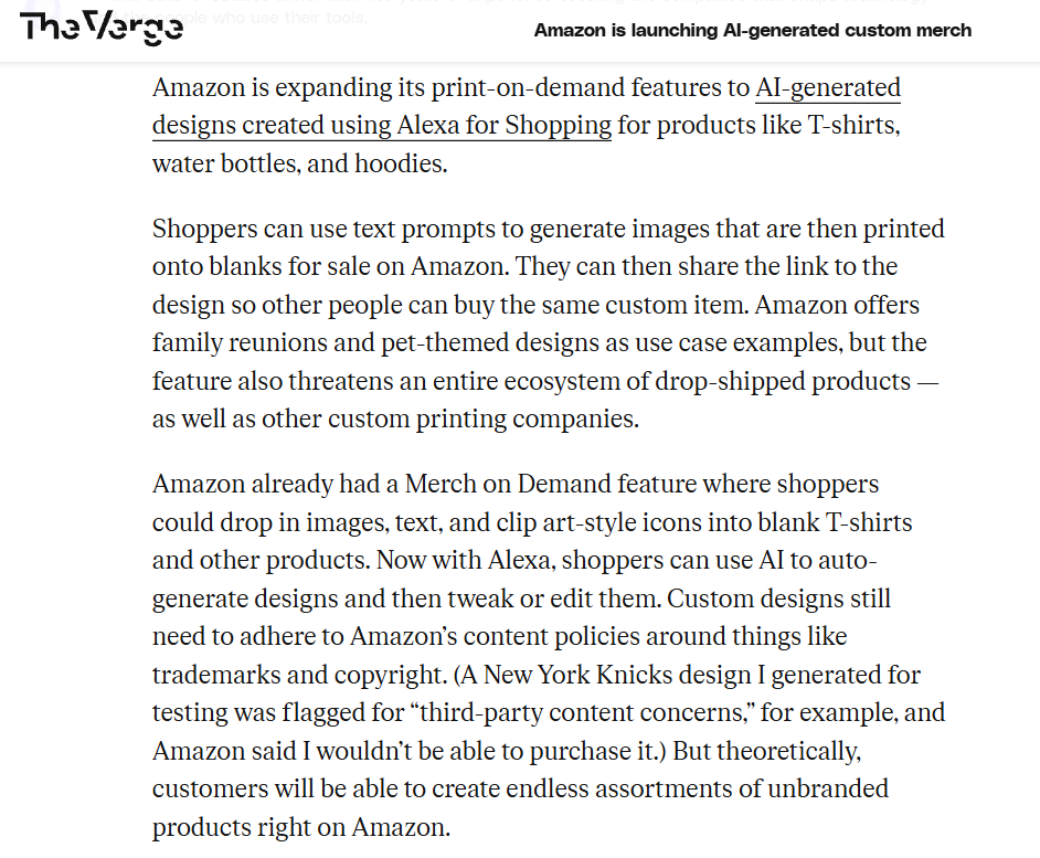 The Verge article about Amazon launching AI-generated custom merchandise through Alexa for Shopping