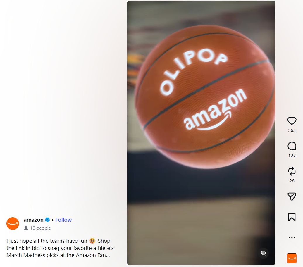 Close-up of an orange basketball featuring the College and Amazon logos, shown in an Instagram post about March Madness picks.