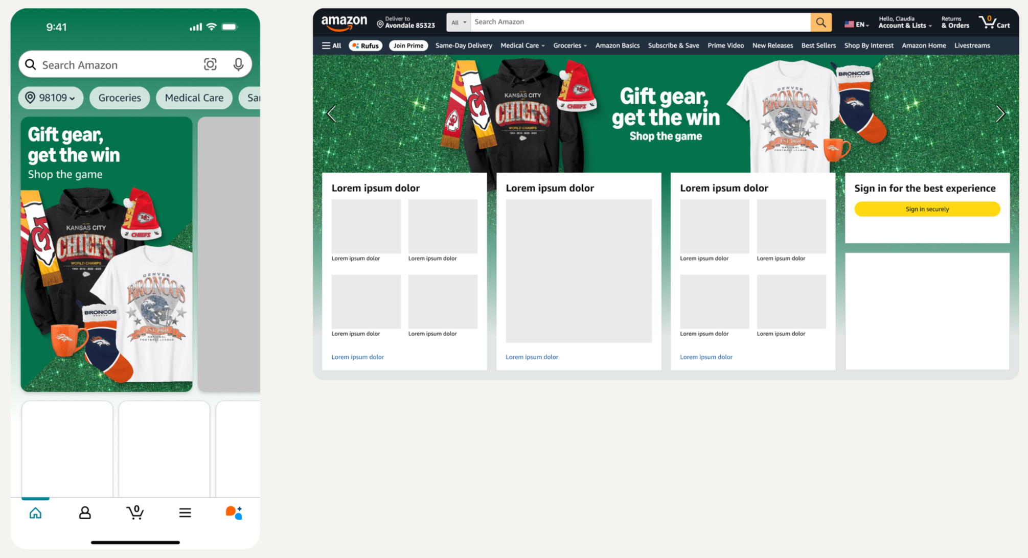 Amazon shopping website and mobile app displaying a sports fan gift gear banner featuring Kansas City Chiefs and Denver Broncos clothing, scarves, socks, mugs, and hats.