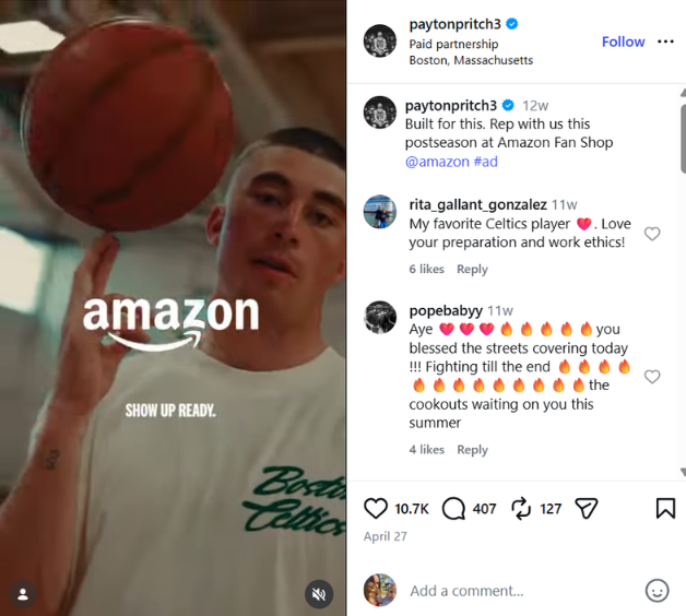 Instagram post showing Boston Celtics player Payton Pritchard balancing a basketball, with Amazon Fan Shop branding and comments.