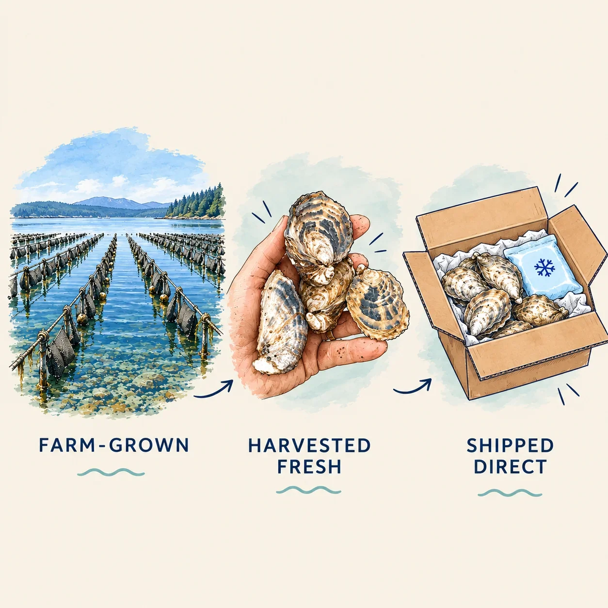 Illustration showing farm-grown oysters harvested fresh and shipped directly in an insulated box