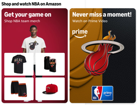 NBA Amazon promotional graphic featuring Miami Heat merchandise and NBA games on Prime Video