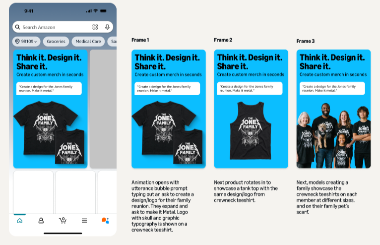 Storyboard showing an Amazon custom T-shirt design experience, progressing from a family graphic T-shirt to a tank top and models wearing matching Jones Family shirts.