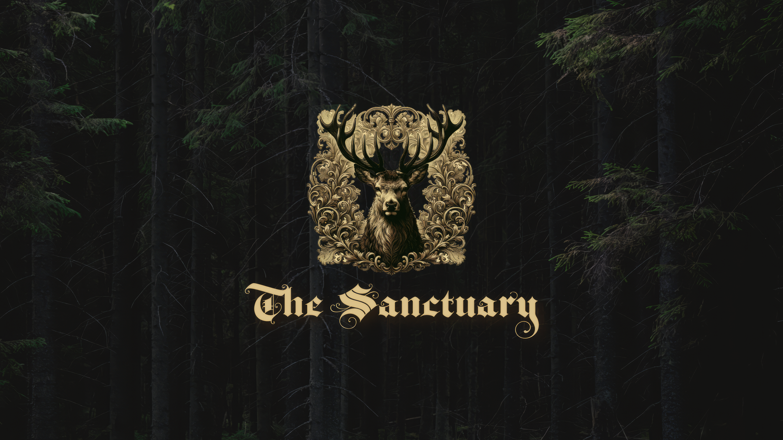 Ornate golden stag emblem and “The Sunchiny” lettering over a dark evergreen forest background