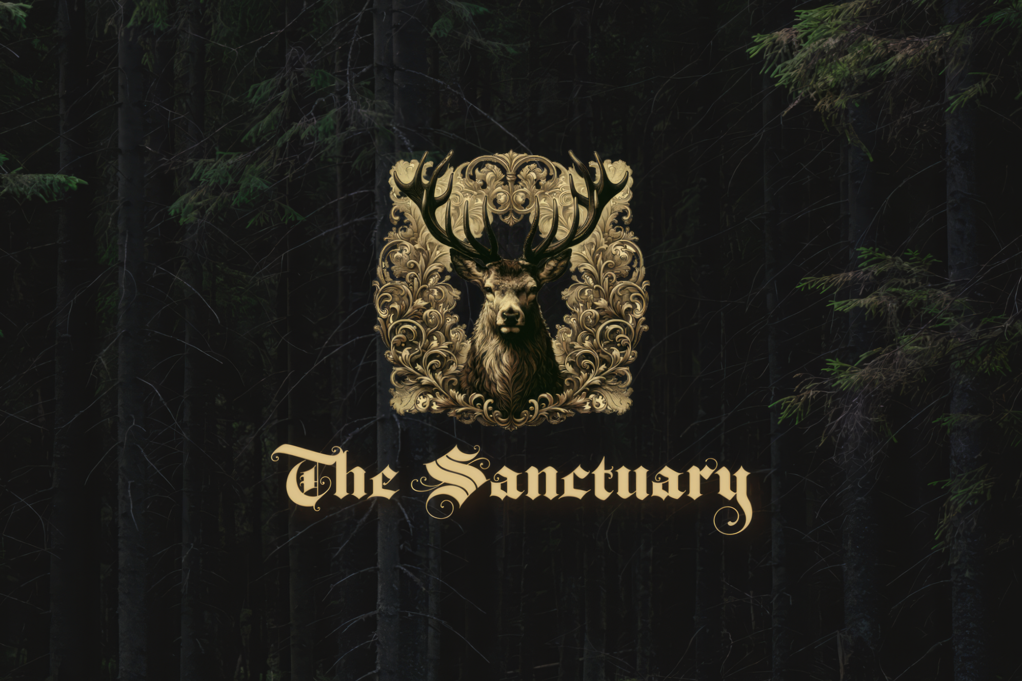 Ornate golden stag emblem in a dark evergreen forest above the words “The Sanctuary.”