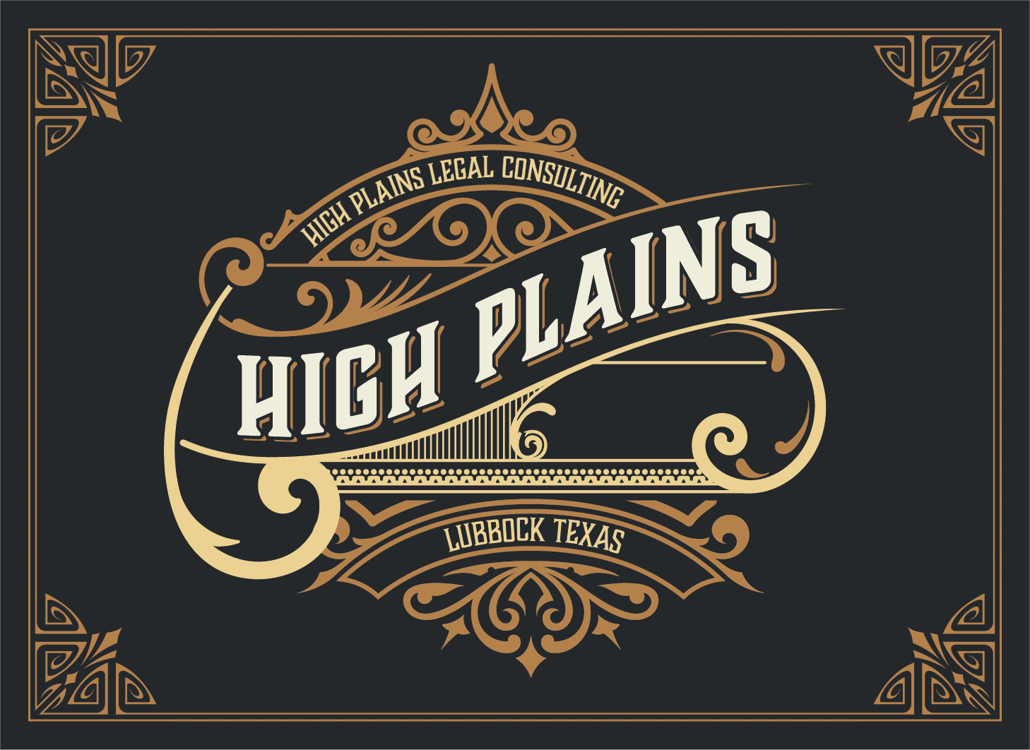 Ornate vintage logo for High Plains Legal Consulting in Lubbock, Texas, with decorative Western typography and border