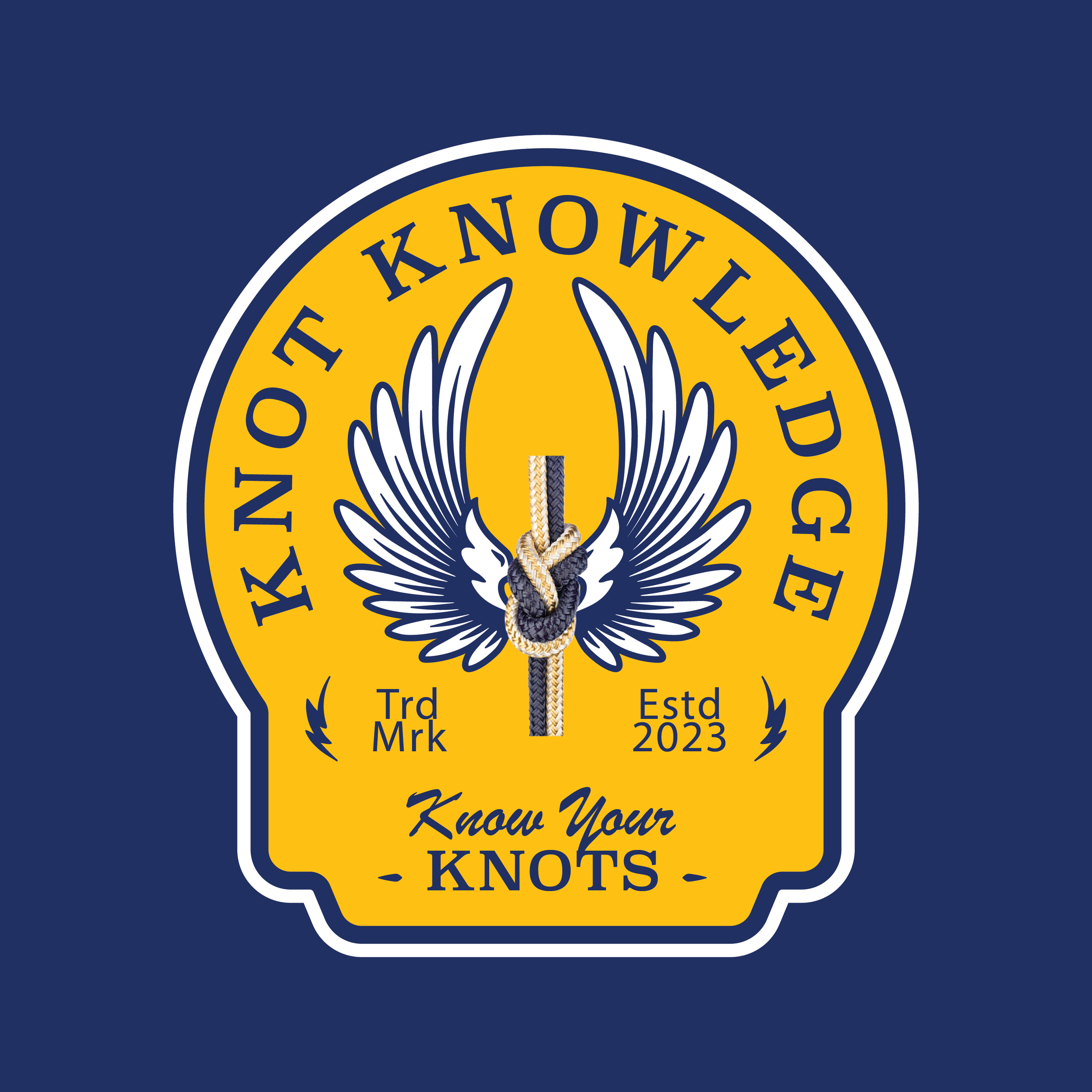 Yellow and navy circular “Know Your Knots” graphic featuring a winged knot illustration, rope sample, and text “Trd Mrk” and “Estd 2023.”