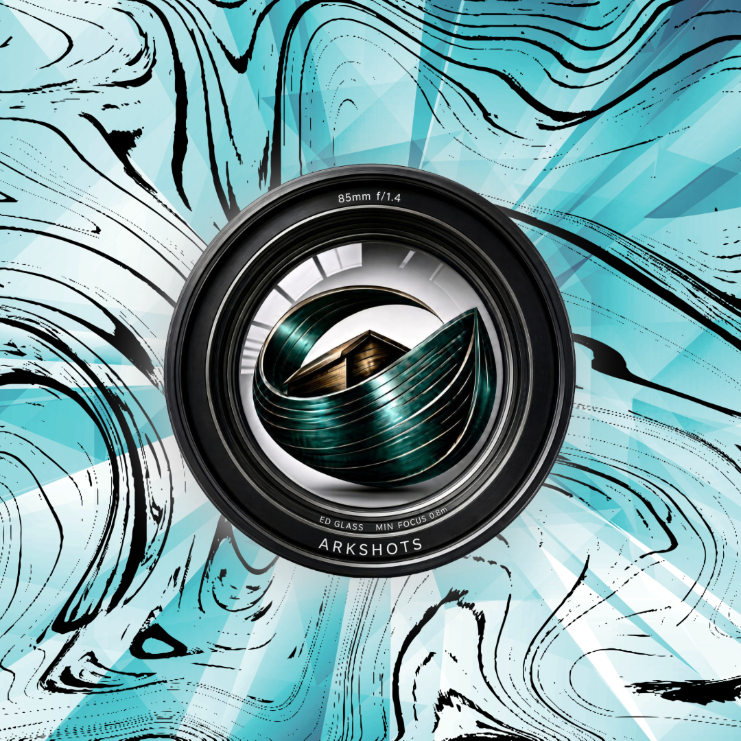 Stylized 85mm camera lens featuring a metallic teal abstract sculpture against a turquoise graphic background