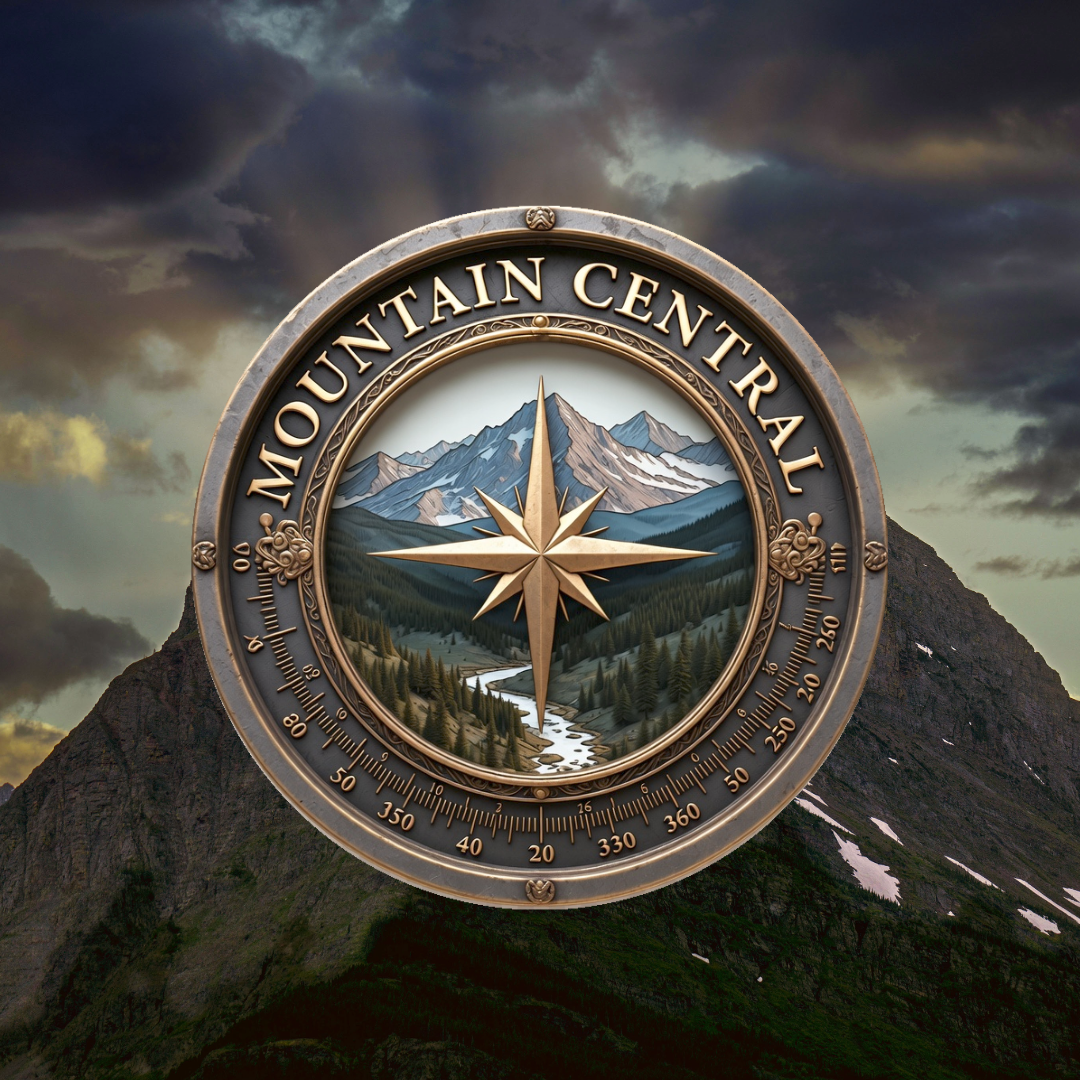 Ornate mountain central compass emblem with a gold compass rose, alpine landscape, and storm clouds