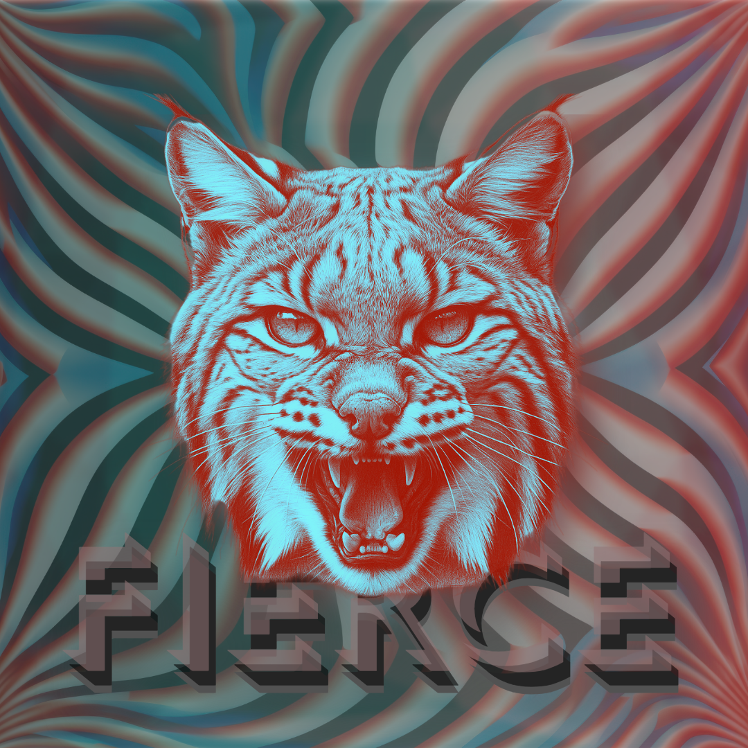 Stylized snarling tiger illustration with cyan and red 3D effects over an abstract wavy background and bold text reading “TIGERS.”
