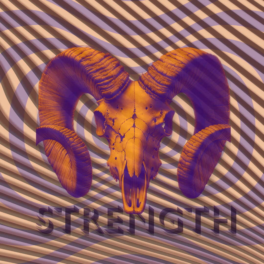 Stylized orange and purple ram skull with large curled horns over a wavy geometric background and the word “STRENGTH.”