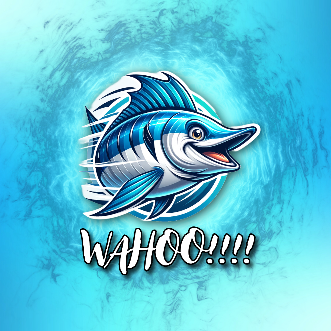 Colorful marlin fish illustration with the word “WAHOO!!!!” over a turquoise ocean background